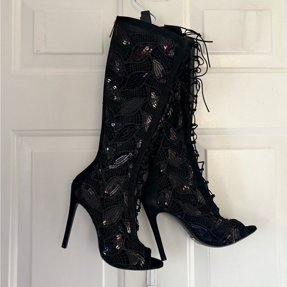 Schutz Black Sequin Embellished Open Toe Boots Size 7B - Picture 13 of 16